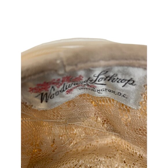 Vintage 50s Woodward & Lothrop Hat Beige Pleated Chiffon & Straw Pillbox Bow - Picture 3 of 7